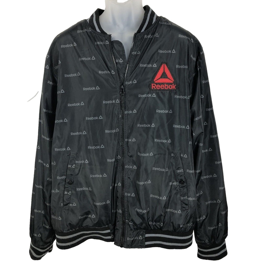 Reebok Logo Jacket Mens‎ 2XL Black Fleece lined Bomber Athletic Y2K